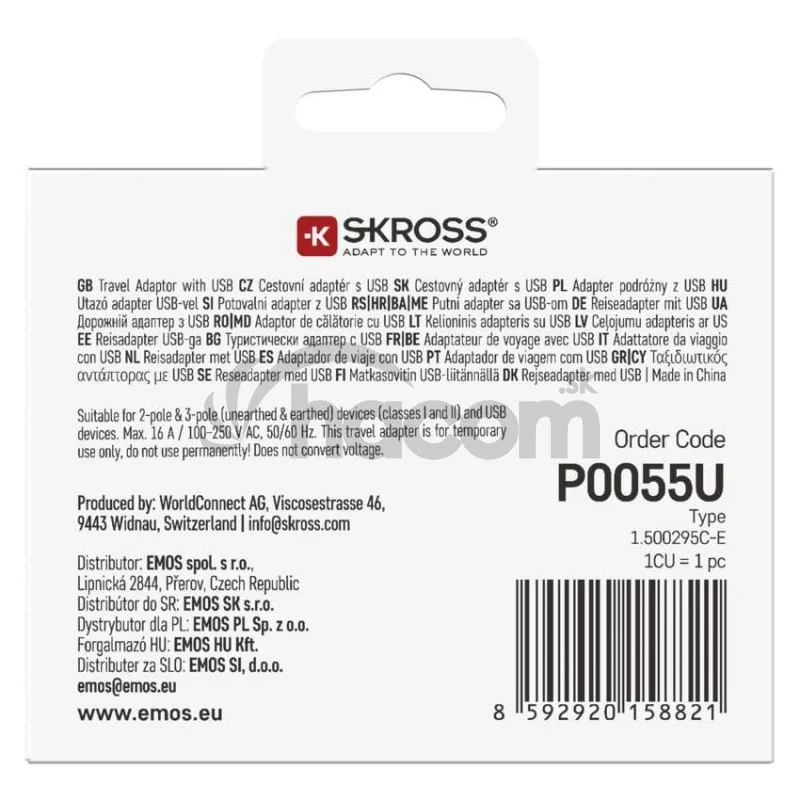 Cestovný univerzálny adaptér pre cudzincov do strednej Európy, 1×USB-C, 1×USB-A
