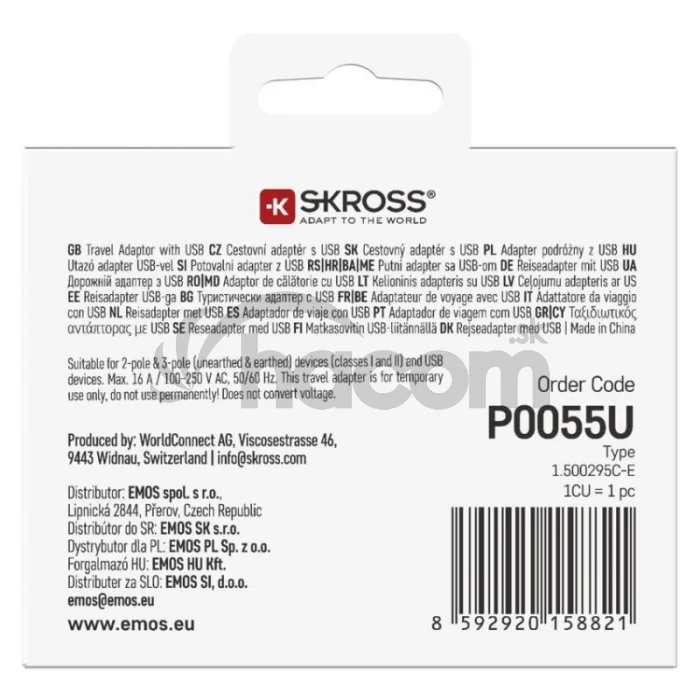 Cestovný univerzálny adaptér pre cudzincov do strednej Európy, 1×USB-C, 1×USB-A
