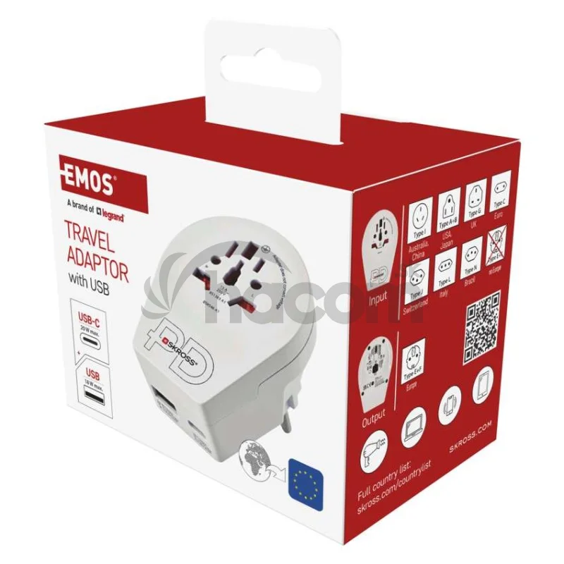 Cestovný univerzálny adaptér pre cudzincov do strednej Európy, 1×USB-C, 1×USB-A