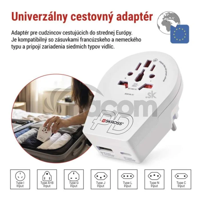 Cestovný univerzálny adaptér pre cudzincov do strednej Európy, 1×USB-C, 1×USB-A