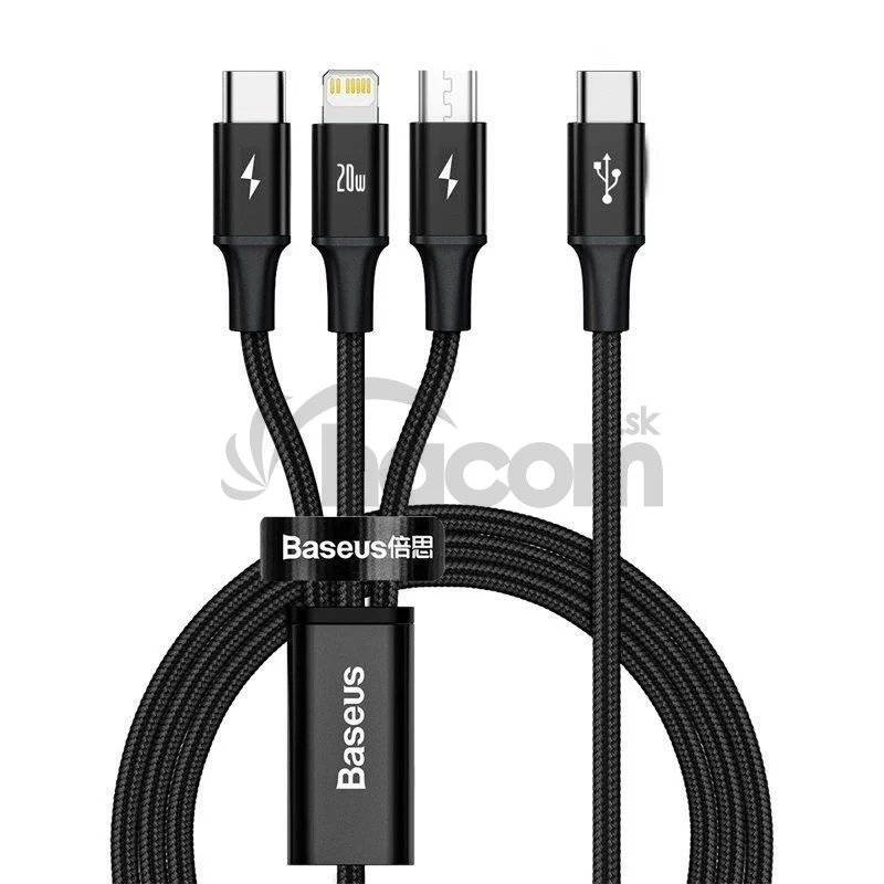 Baseus dátový kábel USB-C Rapid Series 3v1 microUSB+Lightning+USB-C 1,5m PD 20W čierny