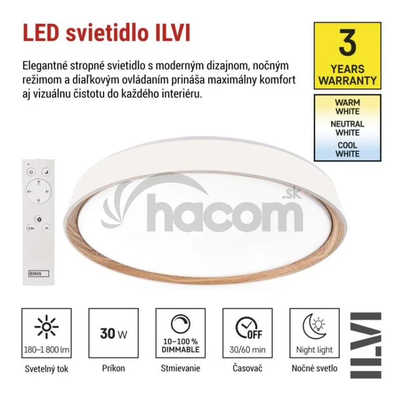 LED nástenné svietidlo ILVI, kruhové, 30 W, stmievateľné so zmenou CCT, biela + drevo