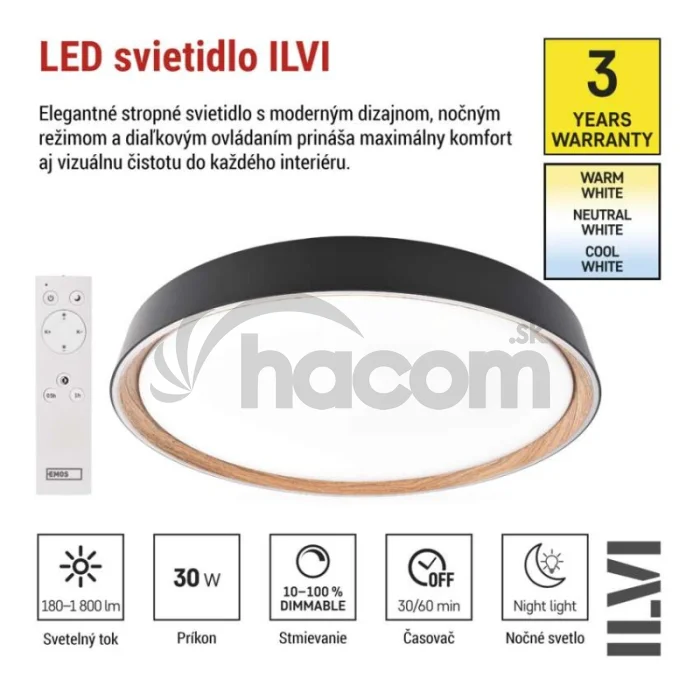 LED nástenné svietidlo ILVI, kruhové 30 W, stmievanie + CCT, čierna + drevo