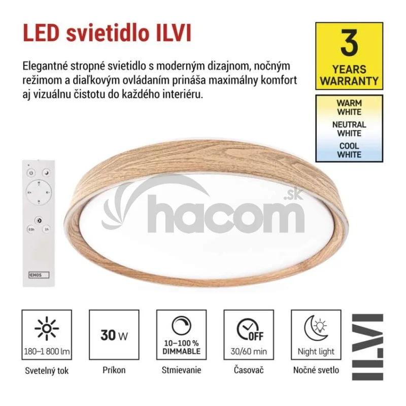 LED nástenné svietidlo ILVI, kruhové 30 W, stmievanie + CCT, drevo