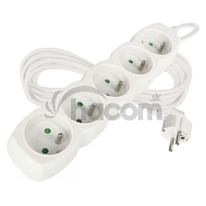 Predlžovací kábel 5 m / 5 zásuviek / biely / PVC / 1 mm2