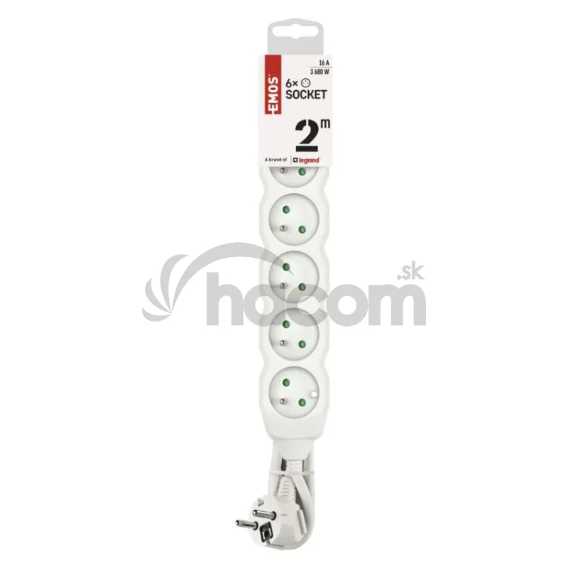 Predlžovací kábel 2 m / 6 zásuviek / biely / PVC / 1 mm2