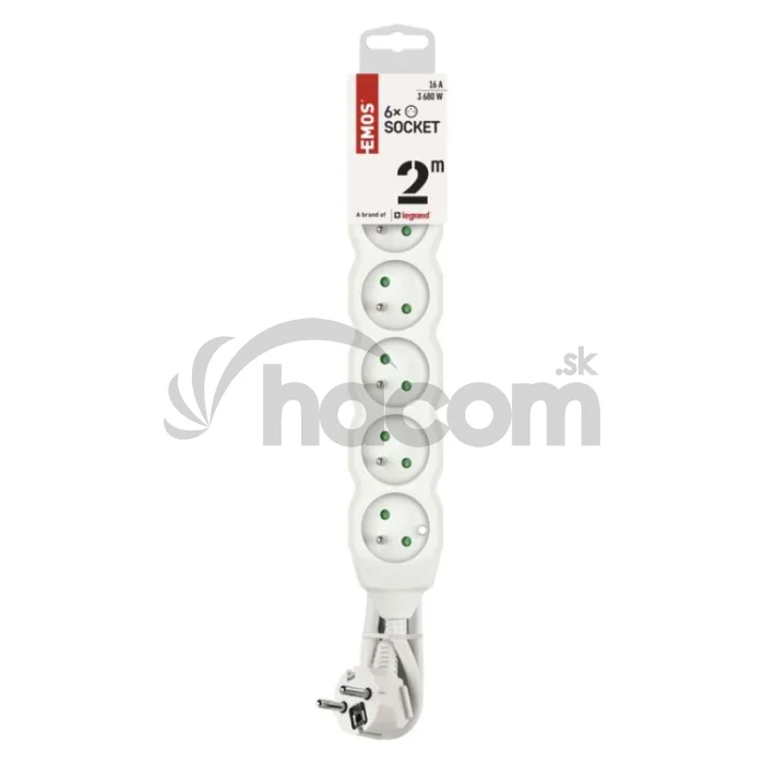 Predlžovací kábel 2 m / 6 zásuviek / biely / PVC / 1 mm2
