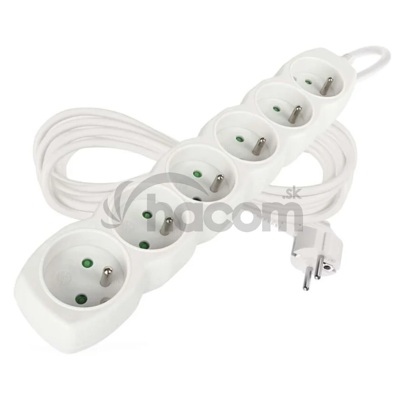Predlžovací kábel 5 m / 6 zásuviek / biely / PVC / 1 mm2