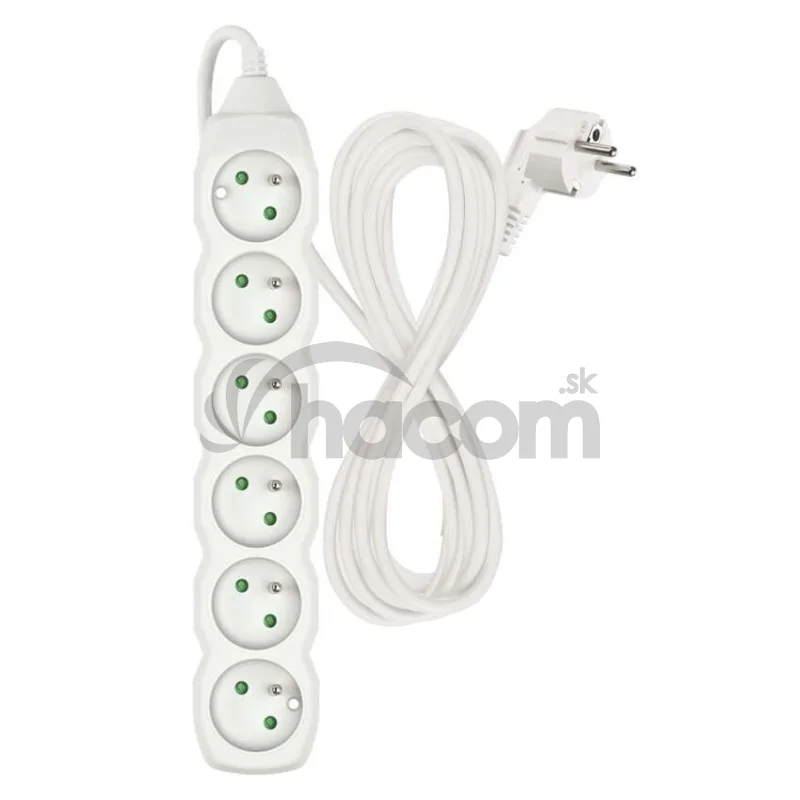 Predlžovací kábel 5 m / 6 zásuviek / biely / PVC / 1 mm2