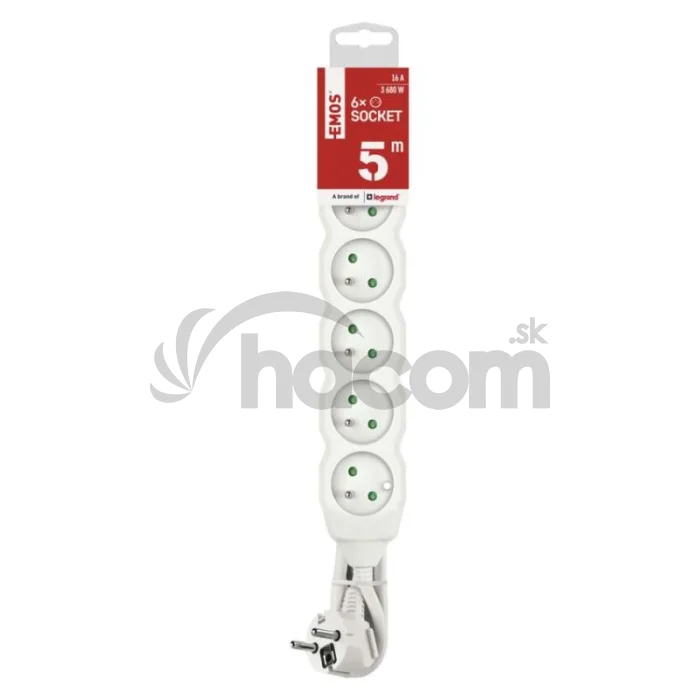 Predlžovací kábel 5 m / 6 zásuviek / biely / PVC / 1,5 mm2