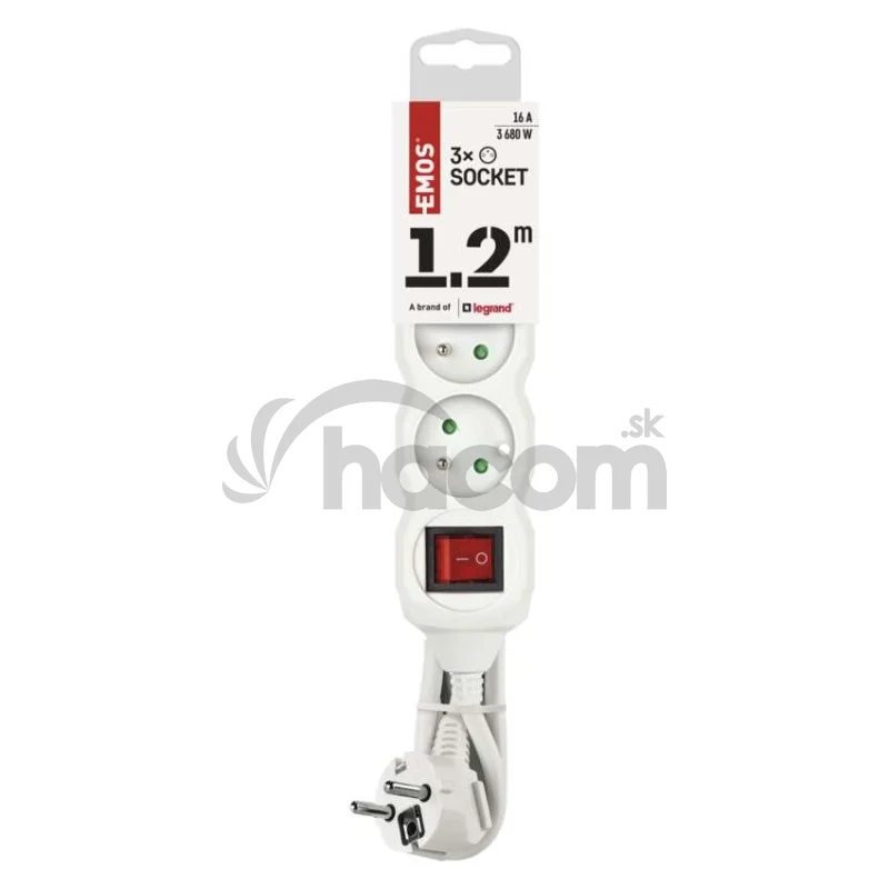 Predlžovací kábel 1,2 m / 3 zásuvky / s vypínačom / biely / PVC / 1 mm2