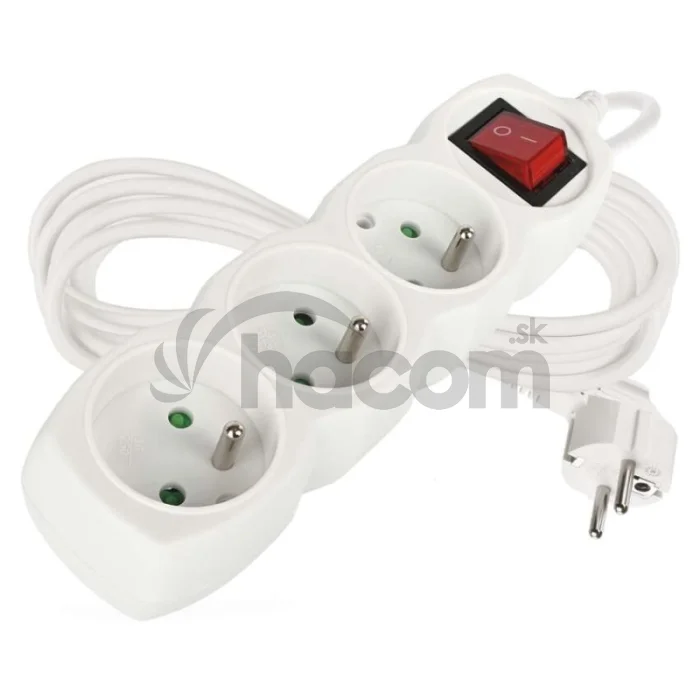 Predlžovací kábel 5 m / 3 zásuvky / s vypínačom / biely / PVC / 1,5 mm2