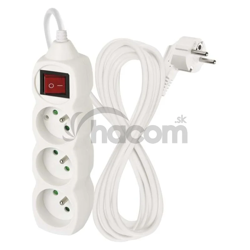 Predlžovací kábel 5 m / 3 zásuvky / s vypínačom / biely / PVC / 1,5 mm2