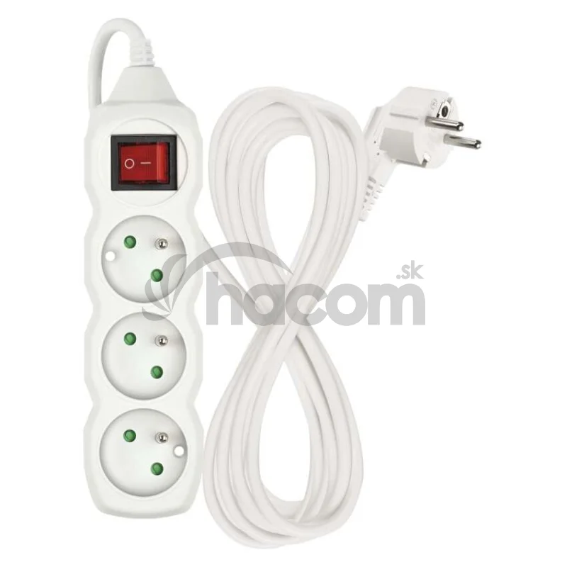 Predlžovací kábel 5 m / 3 zásuvky / s vypínačom / biely / PVC / 1,5 mm2