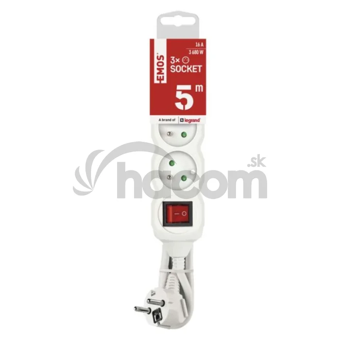 Predlžovací kábel 5 m / 3 zásuvky / s vypínačom / biely / PVC / 1,5 mm2