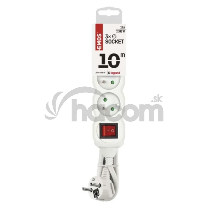 Predlžovací kábel 10 m / 3 zásuvky / s vypínačom / biely / PVC / 1 mm2