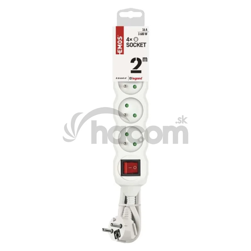 Predlžovací kábel 2 m / 4 zásuvky / s vypínačom / biely / PVC / 1 mm2