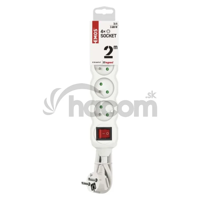 Predlžovací kábel 2 m / 4 zásuvky / s vypínačom / biely / PVC / 1 mm2