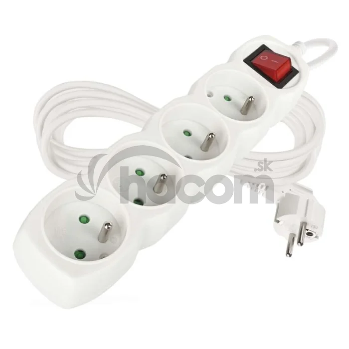 Predlžovací kábel 5 m / 4 zásuvky / s vypínačom / biely / PVC / 1 mm2