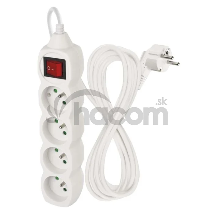 Predlžovací kábel 5 m / 4 zásuvky / s vypínačom / biely / PVC / 1 mm2