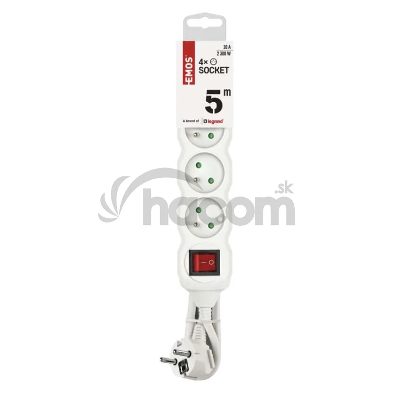 Predlžovací kábel 5 m / 4 zásuvky / s vypínačom / biely / PVC / 1 mm2