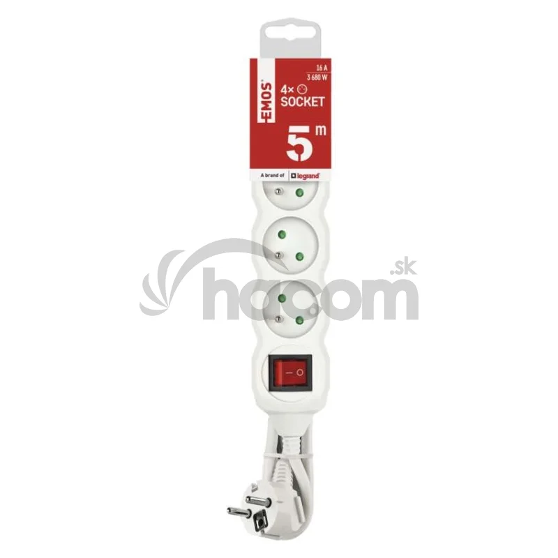 Predlžovací kábel 5 m / 4 zásuvky / s vypínačom / biely / PVC / 1,5 mm2