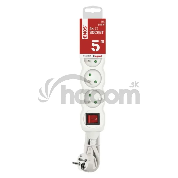 Predlžovací kábel 5 m / 4 zásuvky / s vypínačom / biely / PVC / 1,5 mm2