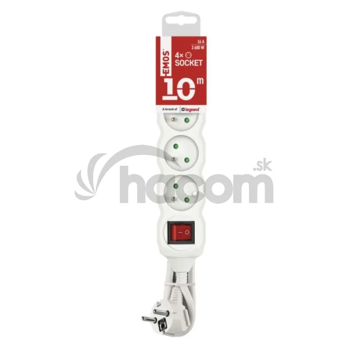 Predlžovací kábel 10 m / 4 zásuvky / s vypínačom / biely / PVC / 1,5 mm2