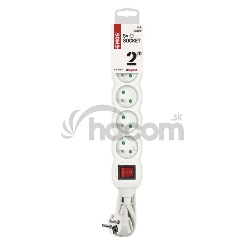 Predlžovací kábel 2 m / 5 zásuviek / s vypínačom / biely / PVC / 1 mm2