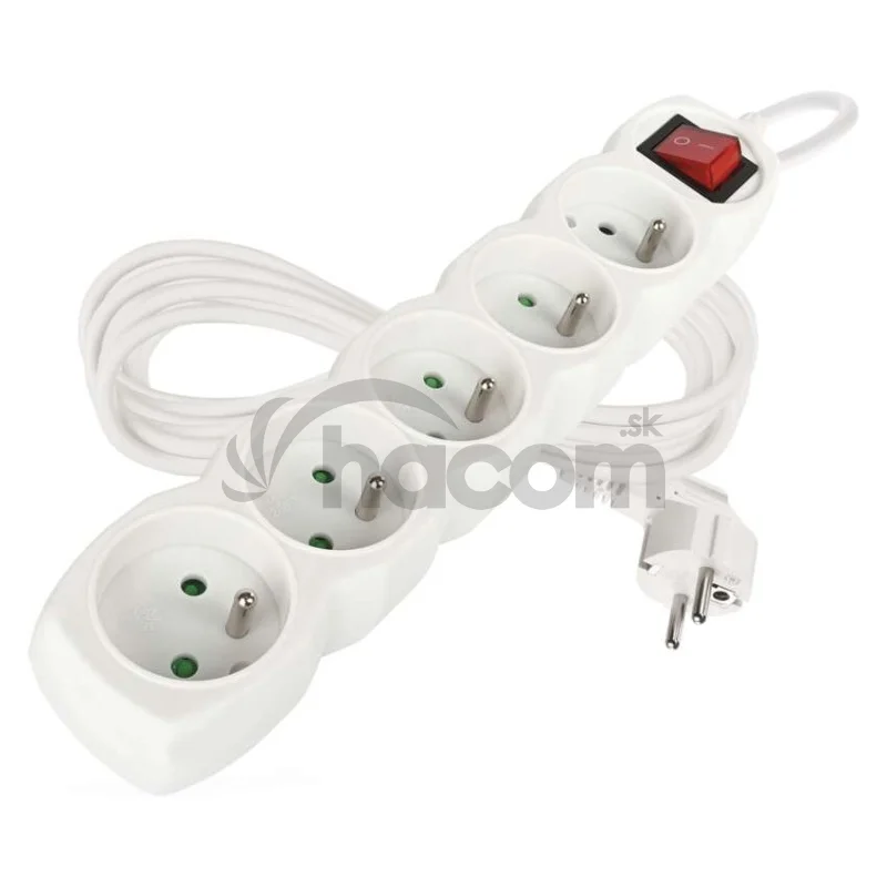 Predlžovací kábel 5 m / 5 zásuviek / s vypínačom / biely / PVC / 1,5 mm2
