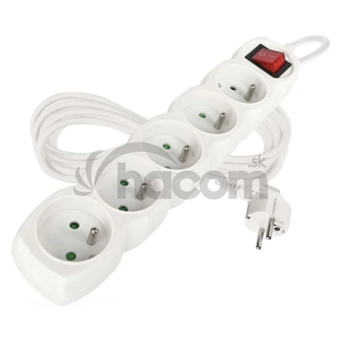 Predlžovací kábel 5 m / 5 zásuviek / s vypínačom / biely / PVC / 1,5 mm2
