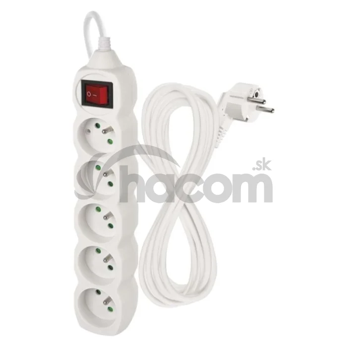 Predlžovací kábel 5 m / 5 zásuviek / s vypínačom / biely / PVC / 1,5 mm2