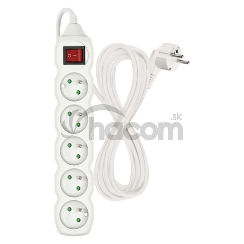 Predlžovací kábel 5 m / 5 zásuviek / s vypínačom / biely / PVC / 1,5 mm2