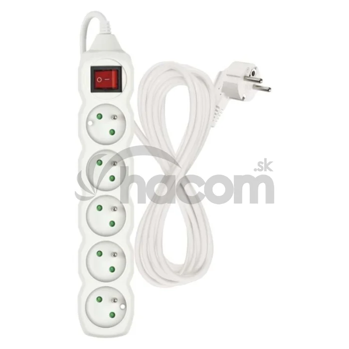 Predlžovací kábel 5 m / 5 zásuviek / s vypínačom / biely / PVC / 1,5 mm2