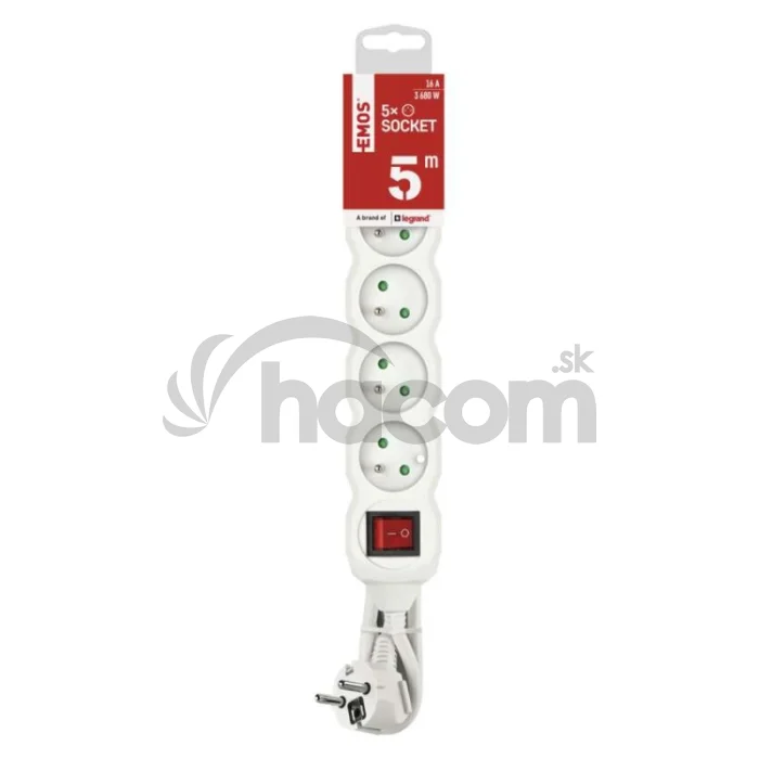 Predlžovací kábel 5 m / 5 zásuviek / s vypínačom / biely / PVC / 1,5 mm2