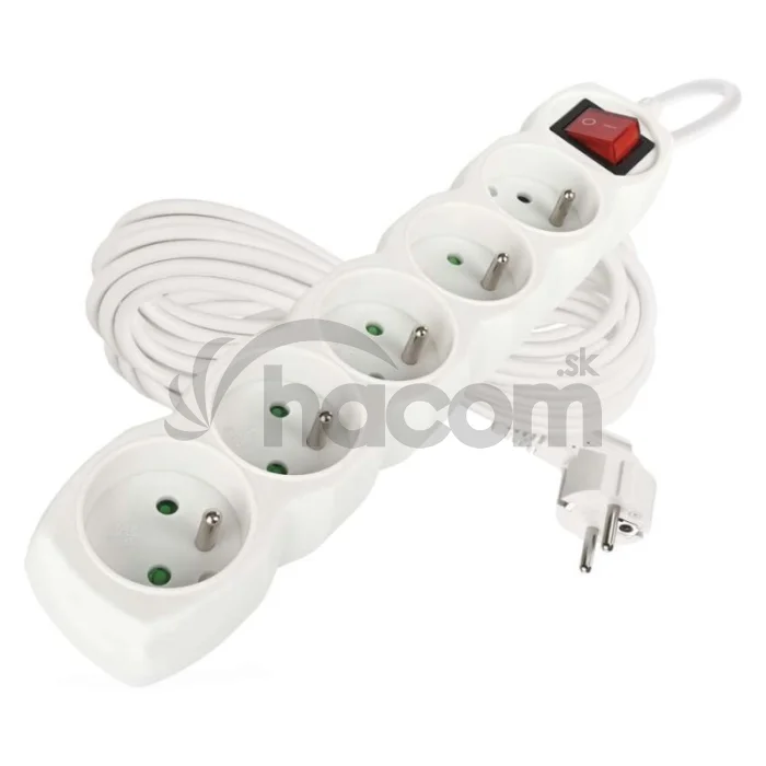 Predlžovací kábel 10 m / 5 zásuviek / s vypínačom / biely / PVC / 1 mm2