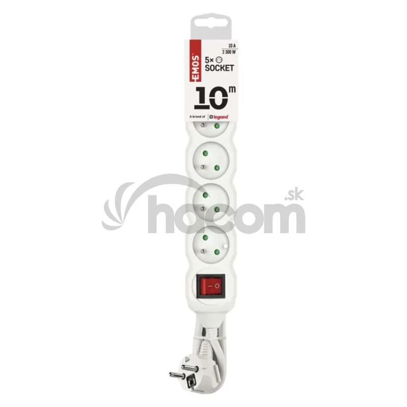 Predlžovací kábel 10 m / 5 zásuviek / s vypínačom / biely / PVC / 1 mm2