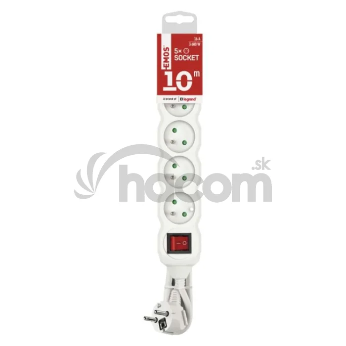 Predlžovací kábel 10 m / 5 zásuviek / s vypínačom / biely / PVC / 1,5 mm2