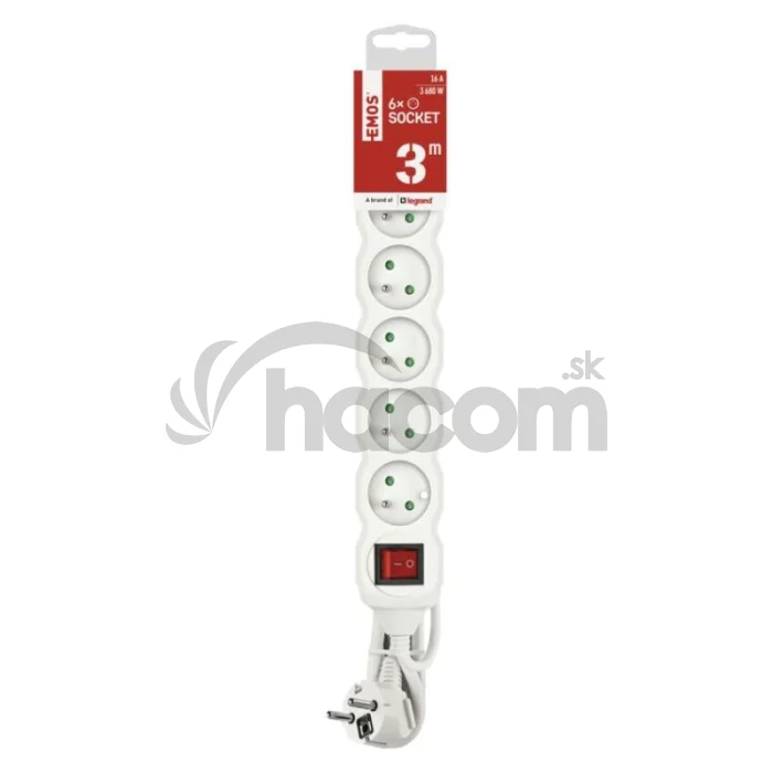 Predlžovací kábel 3 m / 6 zásuviek / s vypínačom / biely / PVC / 1,5 mm2