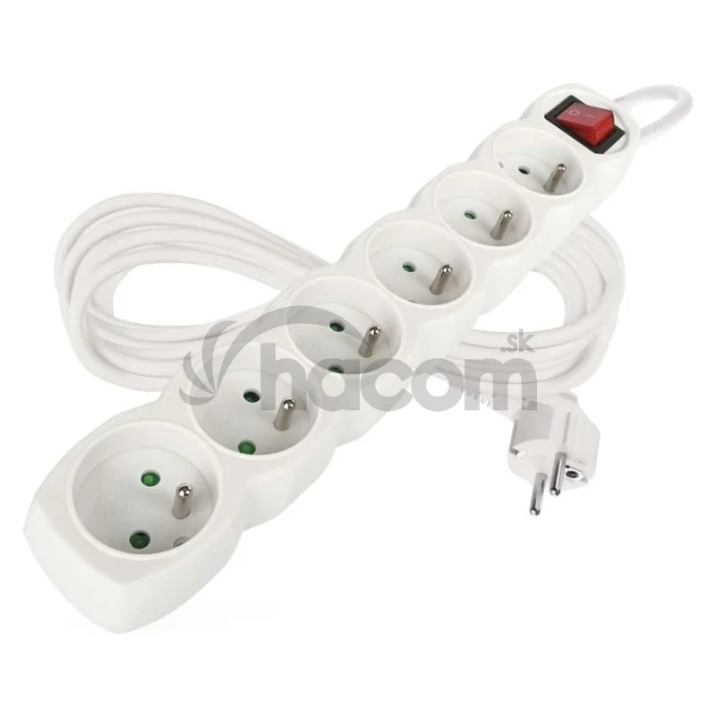 Predlžovací kábel 5 m / 6 zásuviek / s vypínačom / biely / PVC / 1,5 mm2