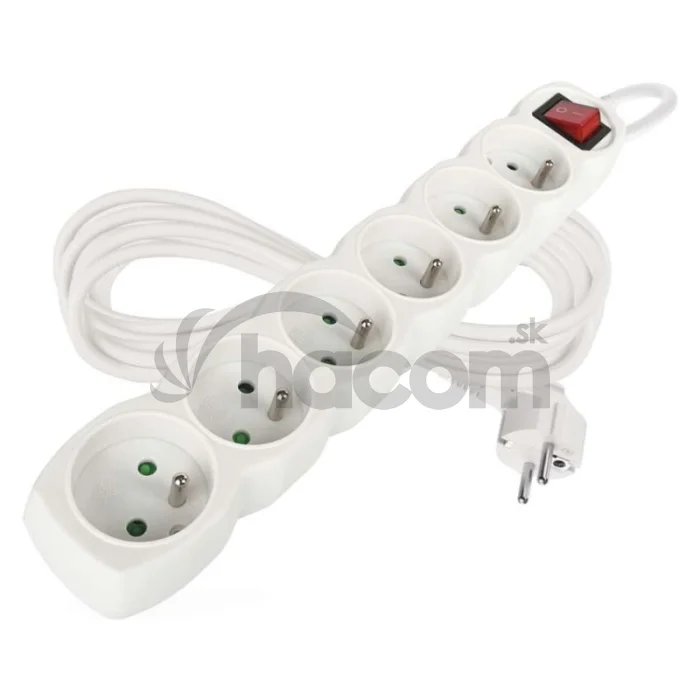 Predlžovací kábel 5 m / 6 zásuviek / s vypínačom / biely / PVC / 1 mm2
