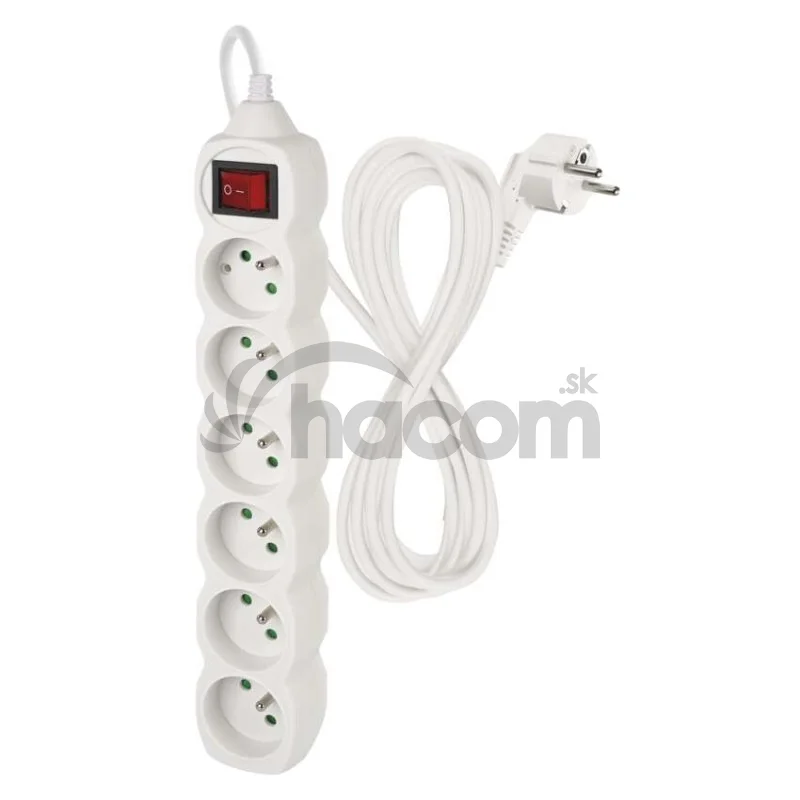 Predlžovací kábel 5 m / 6 zásuviek / s vypínačom / biely / PVC / 1,5 mm2