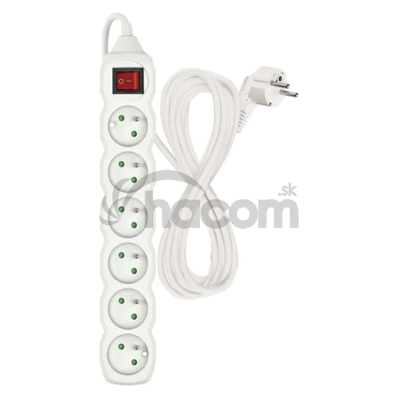 Predlžovací kábel 5 m / 6 zásuviek / s vypínačom / biely / PVC / 1,5 mm2