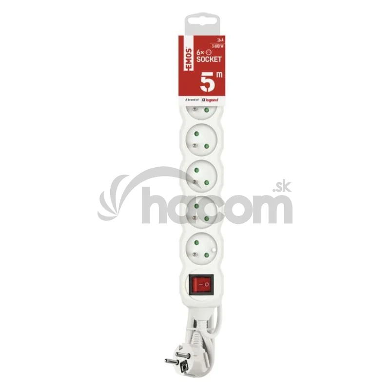 Predlžovací kábel 5 m / 6 zásuviek / s vypínačom / biely / PVC / 1,5 mm2