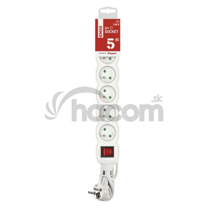 Predlžovací kábel 5 m / 6 zásuviek / s vypínačom / biely / PVC / 1,5 mm2