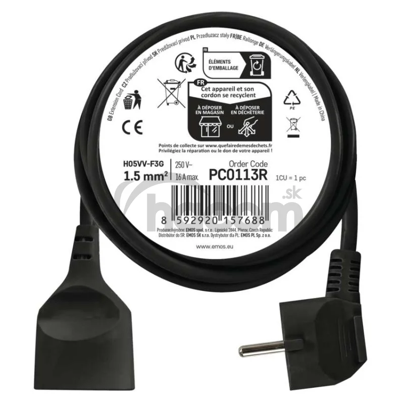 Predlžovací kábel 3 m / 1 zásuvka / čierny / PVC / 1,5 mm2