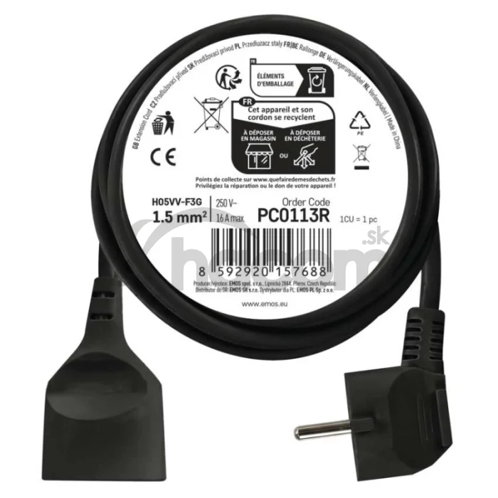 Predlžovací kábel 3 m / 1 zásuvka / čierny / PVC / 1,5 mm2