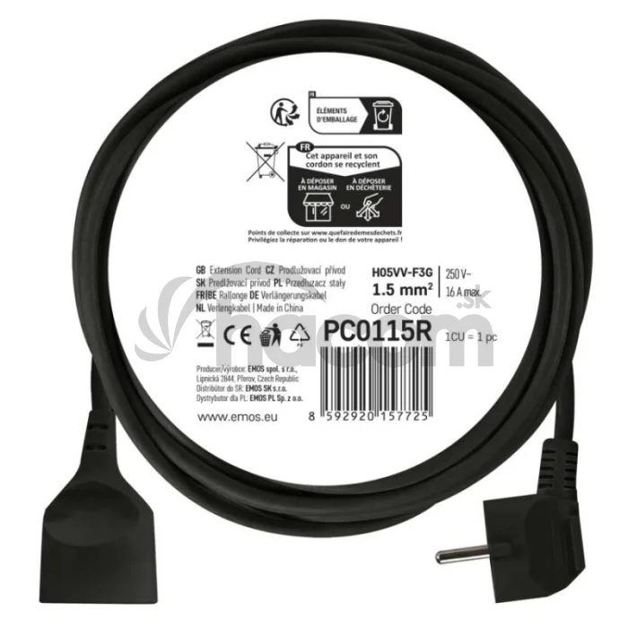 Predlžovací kábel 5 m / 1 zásuvka / čierny / PVC / 1,5 mm2