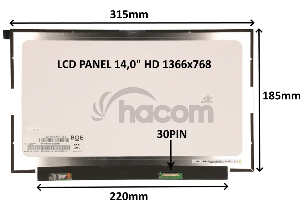 LCD PANEL 14,0" HD 1366x768 30PIN MATNÝ / BEZ ÚCHYTOV