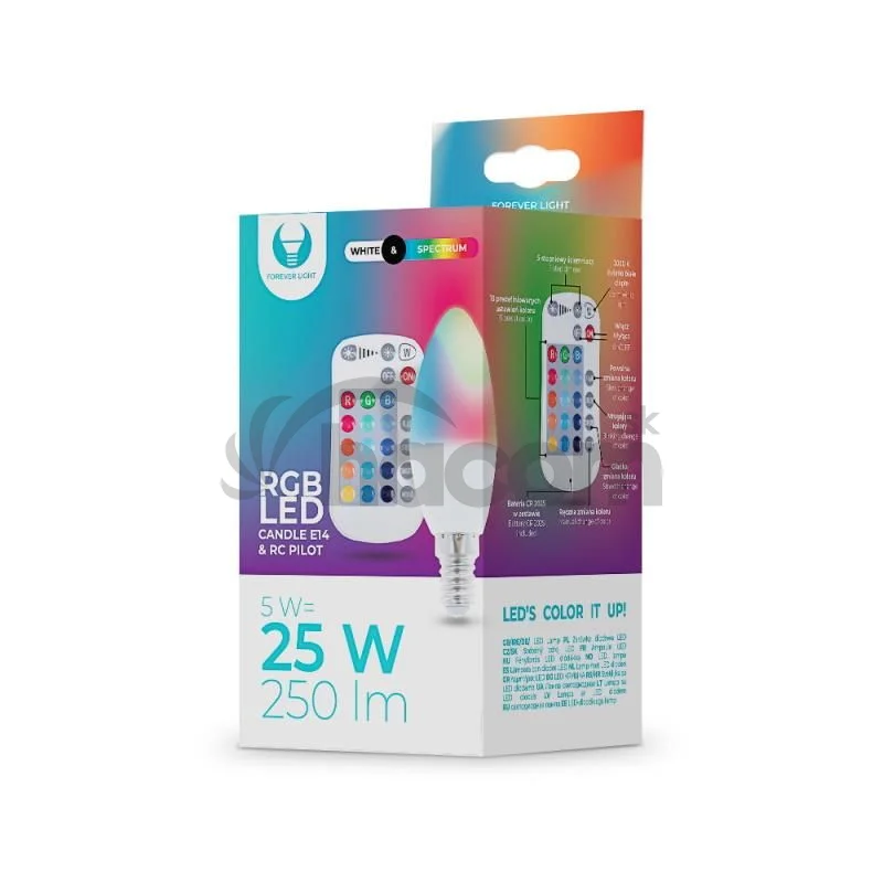 LED žiarovka Forever E14 C37 RGB 5W s diaľkovým ovládaním biela